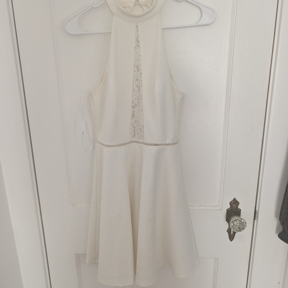 Lulus Dresses & Skirts - Lulu's Cream Halter Lace-Panel Fit-and-Flare Dress